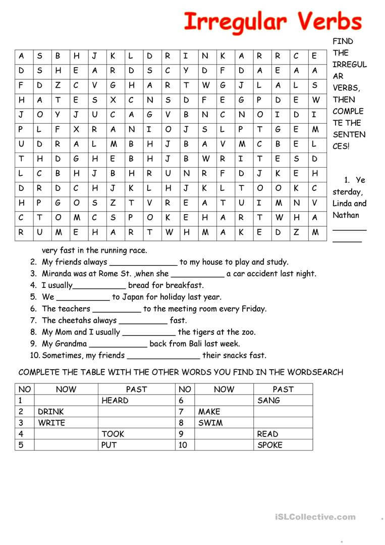 Irregular Verb Wordsearch – English Esl Worksheets Within Word Sleuth Template