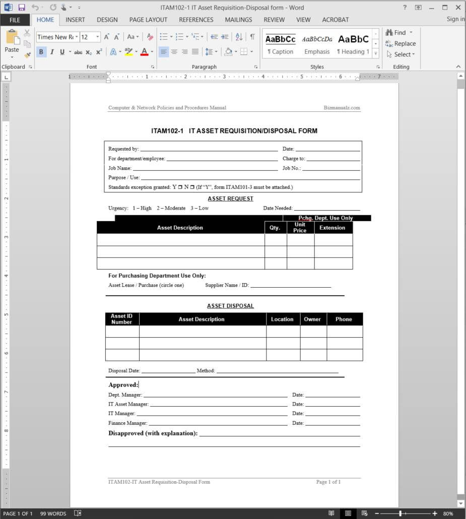 It Asset Requisition Disposal Request Template | Itam102 1 In Check Request Template Word