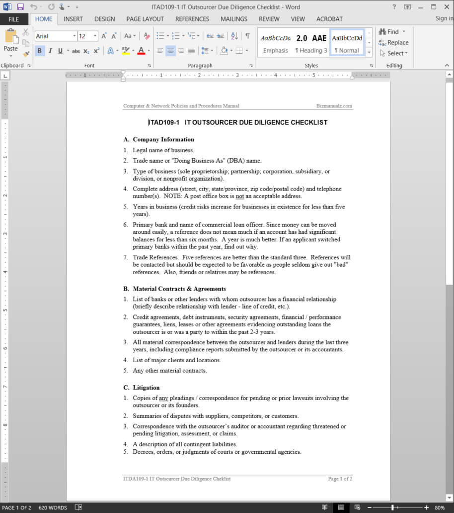 It Outsource Due Diligence Checklist Template | Itad109 1 Regarding Vendor Due Diligence Report Template