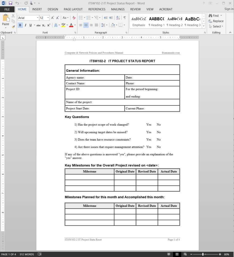 It Project Status Report Template | Itsw102 2 For Template For Information Report