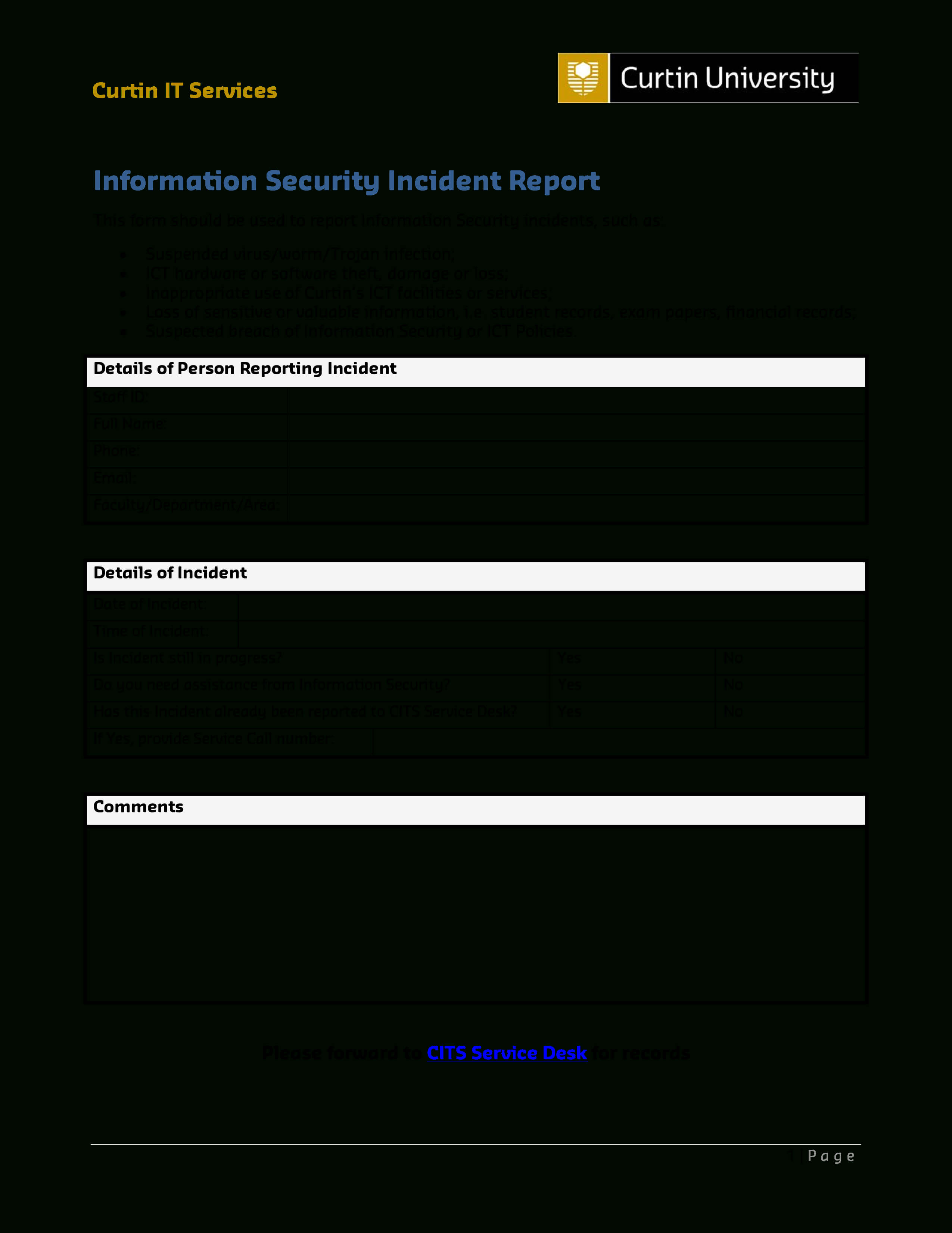 It Services Security Incident Report | Templates At With Regard To Information Security Report Template