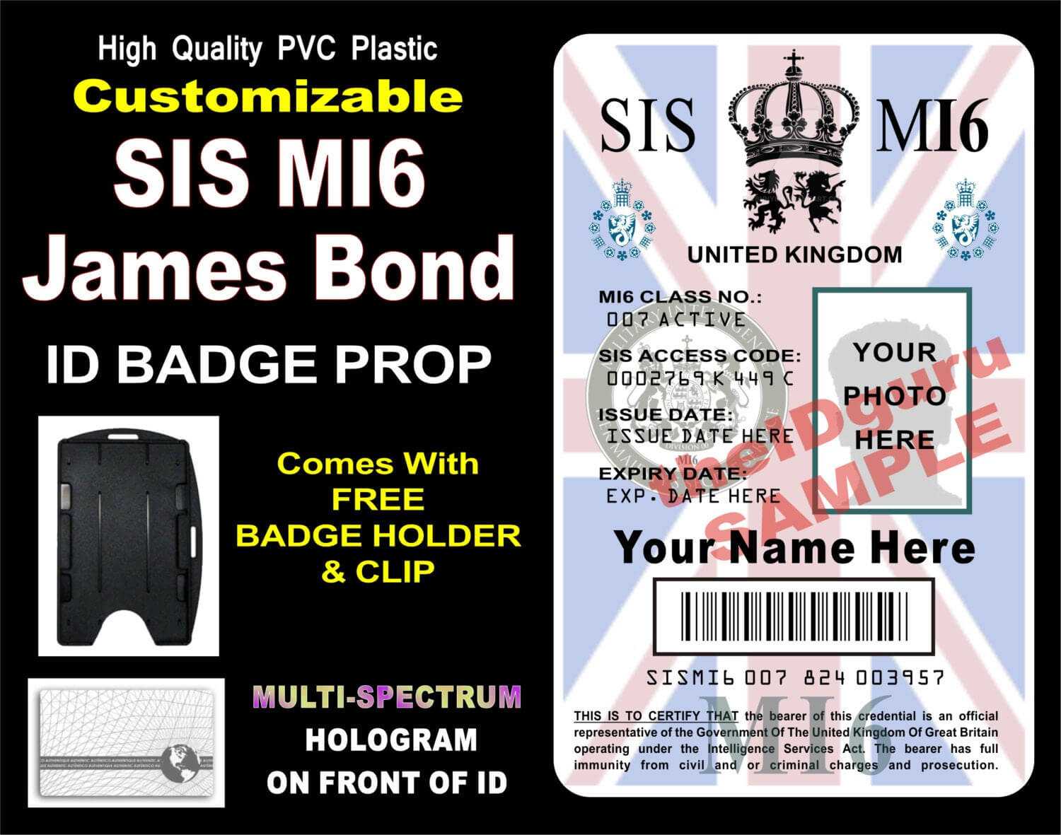 James Bond (Sis Mi6) Id Badge / Card Prop ~ Custom Printed With Your Info &  Photo ~ Pvc Plastic Holographic Card - Usa Made Inside Mi6 Id Card Template