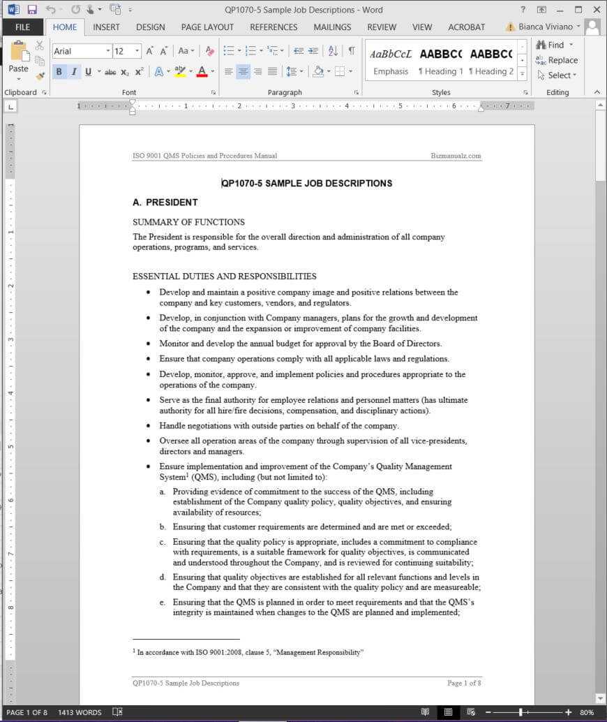 Job Descriptions Iso Template | Qp1070 5 Within Job Descriptions Template Word