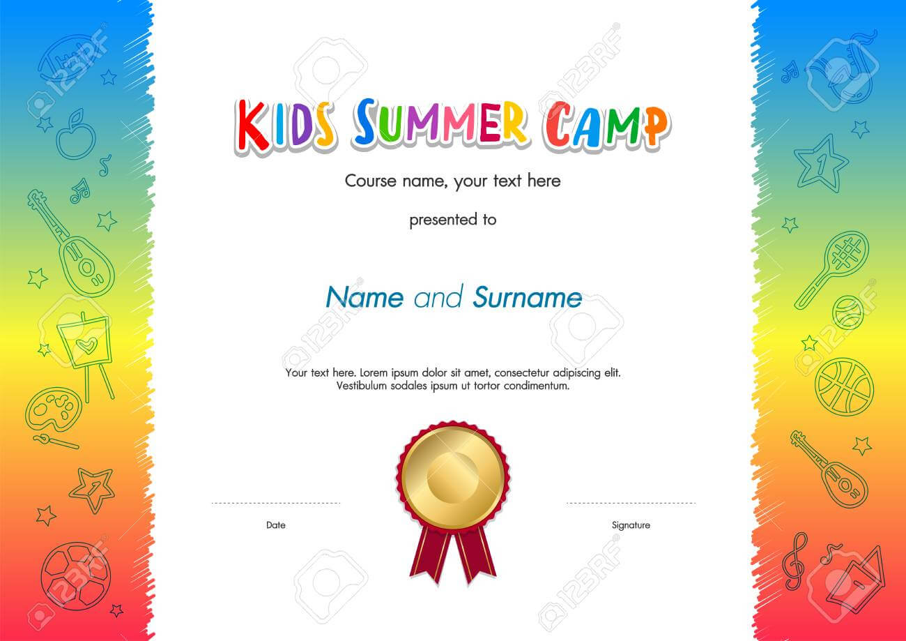 Kids Summer Camp Diploma Or Certificate Template Award Seal With.. In Certificate Of Achievement Template For Kids