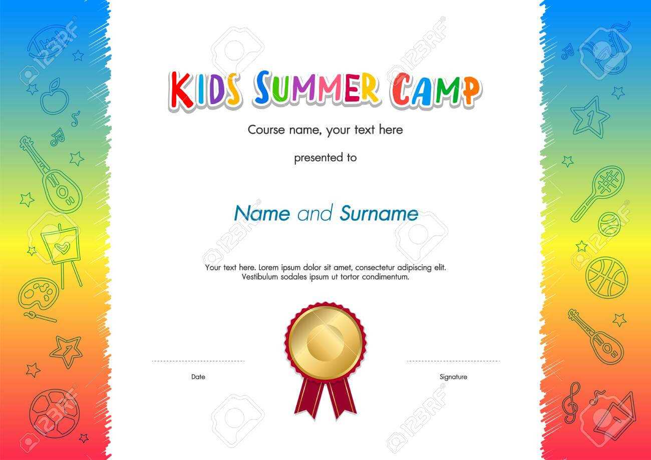 Kids Summer Camp Diploma Or Certificate Template Award Seal With.. In Summer Camp Certificate Template