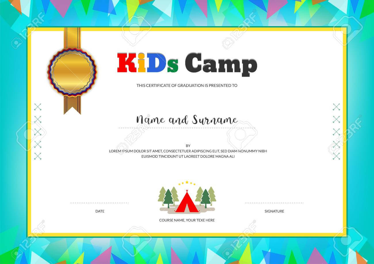 Kids Summer Camp Diploma Or Certificate Template With Colorful.. Within Summer Camp Certificate Template
