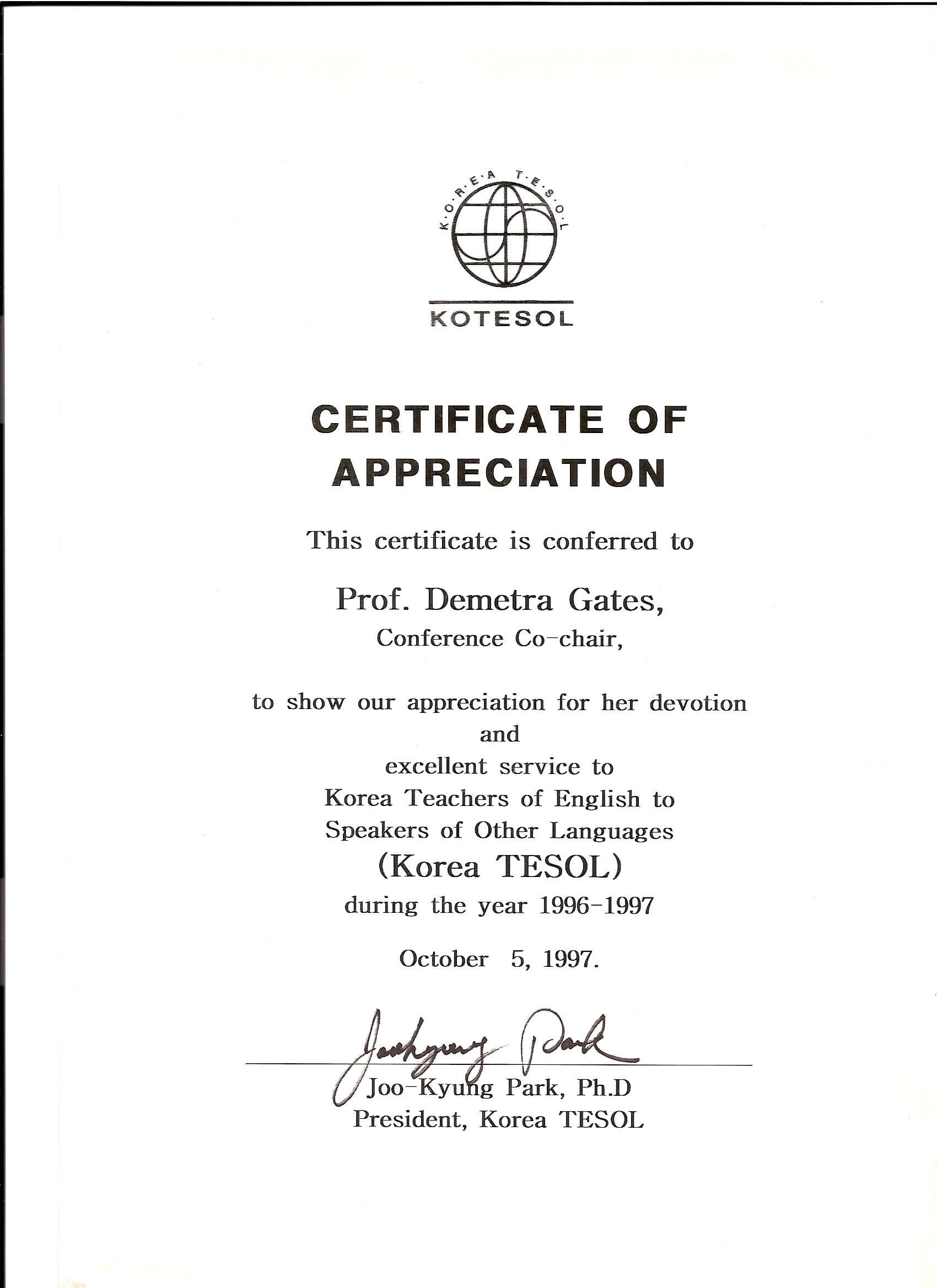 Kotesol Presidential Certificate Of Appreciation (1997 With Regard To Doctorate Certificate Template