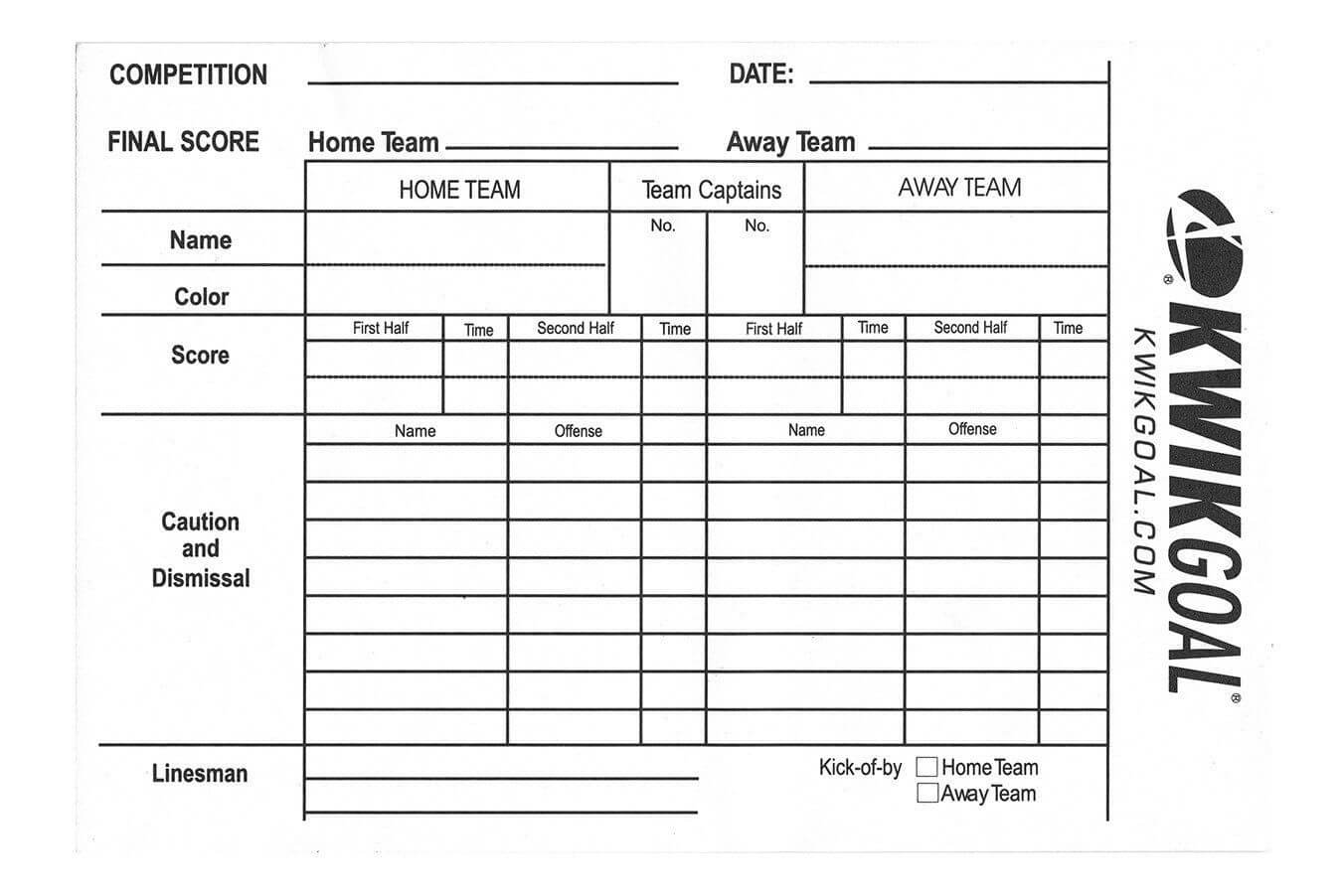 Kwikgoal Referee Score Sheets | Products | Soccer Referee Pertaining To Football Referee Game Card Template