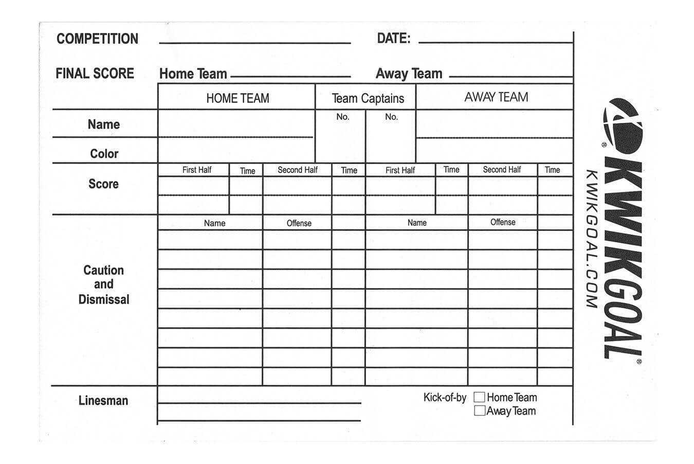 Kwikgoal Referee Score Sheets | Products | Soccer Referee Pertaining To Football Referee Game Card Template