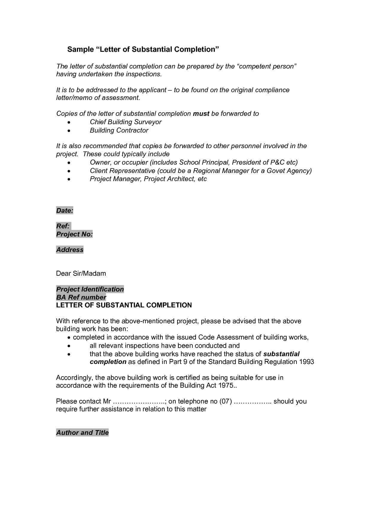 Letter Of Substantial Completion Template Examples | Letter in Certificate Of Substantial Completion Template