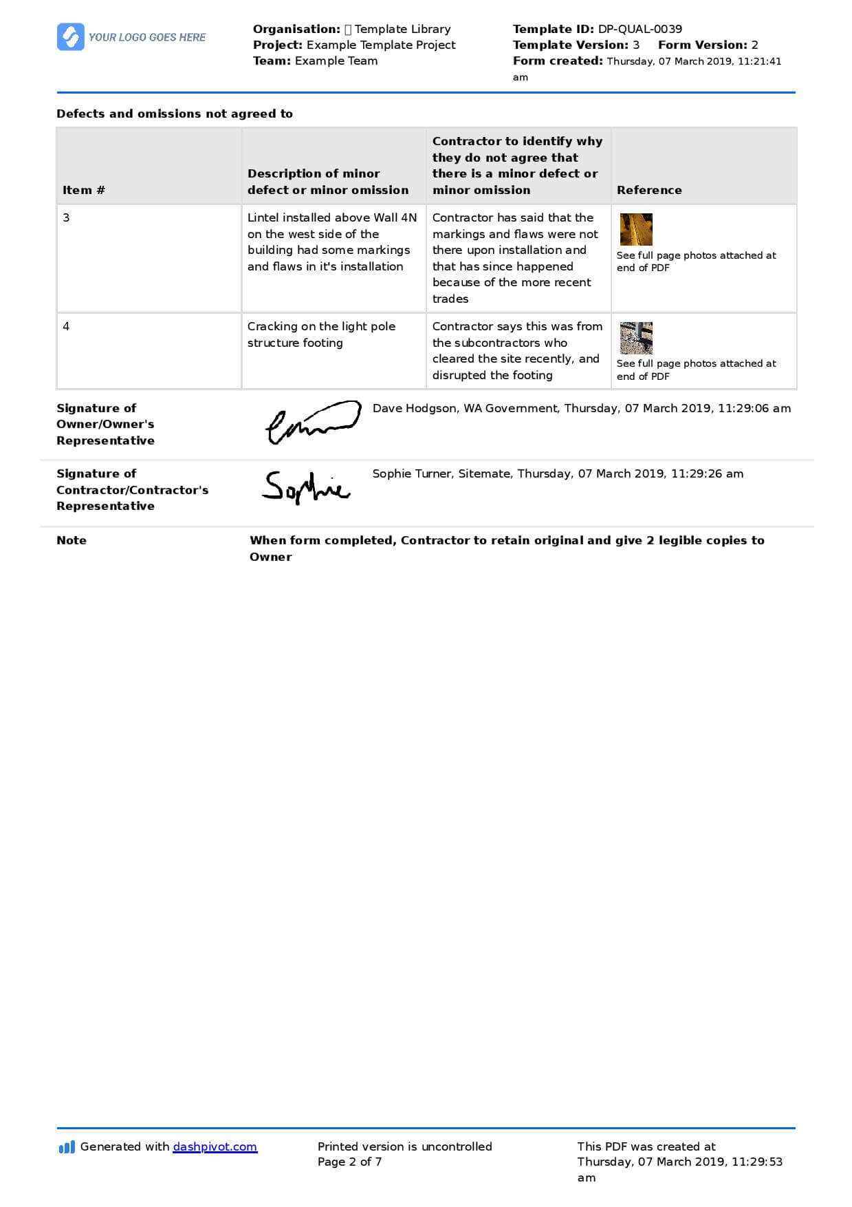 Letter To Contractor For Defective Work: Sample Letter And In Building Defect Report Template