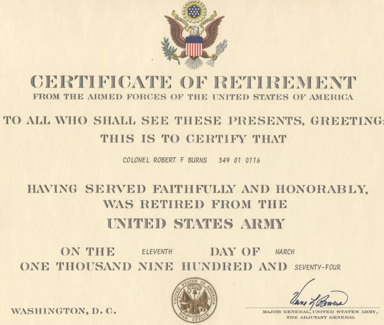 Major Robert F. Burns – Army Retirement Certificate For In Retirement Certificate Template
