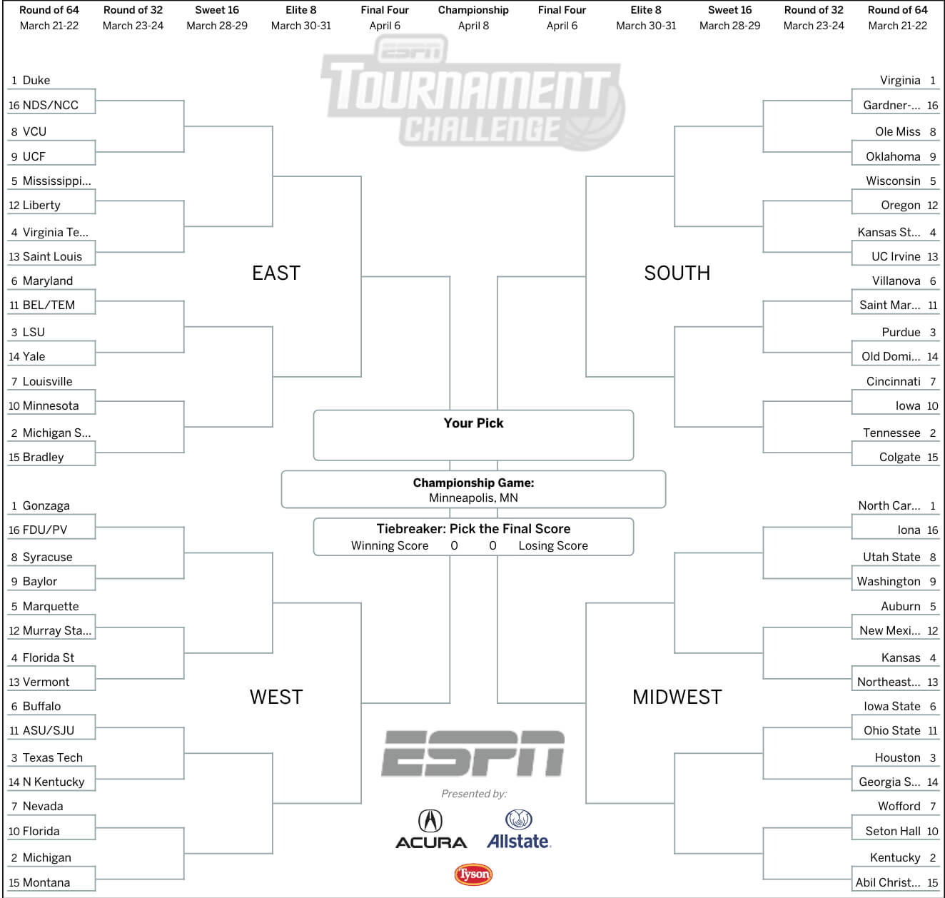 March Madness 2019: Get Your Printable Ncaa Bracket From For Blank March Madness Bracket Template
