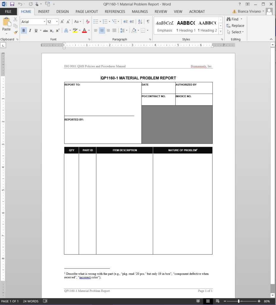 Material Problem Report Iso Template | Qp1160 1 With Regard To Software Problem Report Template