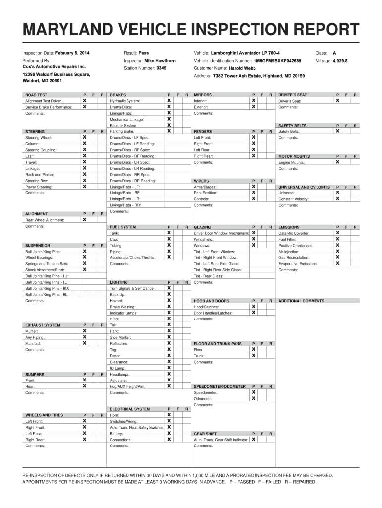 Md Inspection Report – Fill Online, Printable, Fillable With Vehicle Inspection Report Template