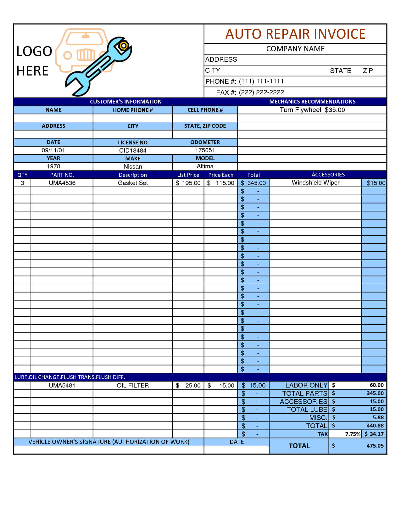 Mechanic Shop Invoice | Scope Of Work Template | Auto In Pertaining To Job Card Template Mechanic