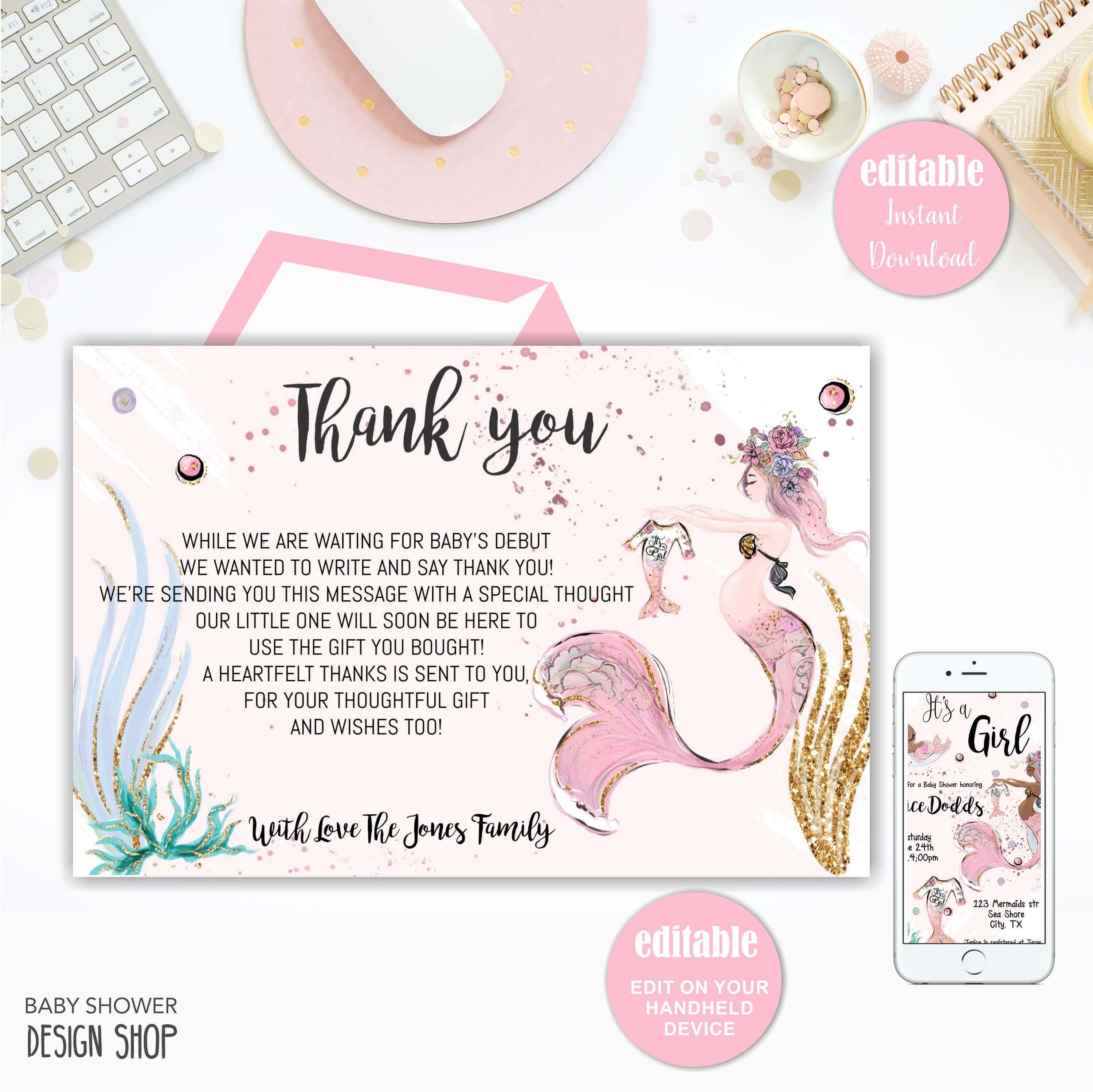 Mermaid Baby Shower, Thank You Card, Printable Thank You Card, Editable  Template, Instant Download Within Template For Baby Shower Thank You Cards