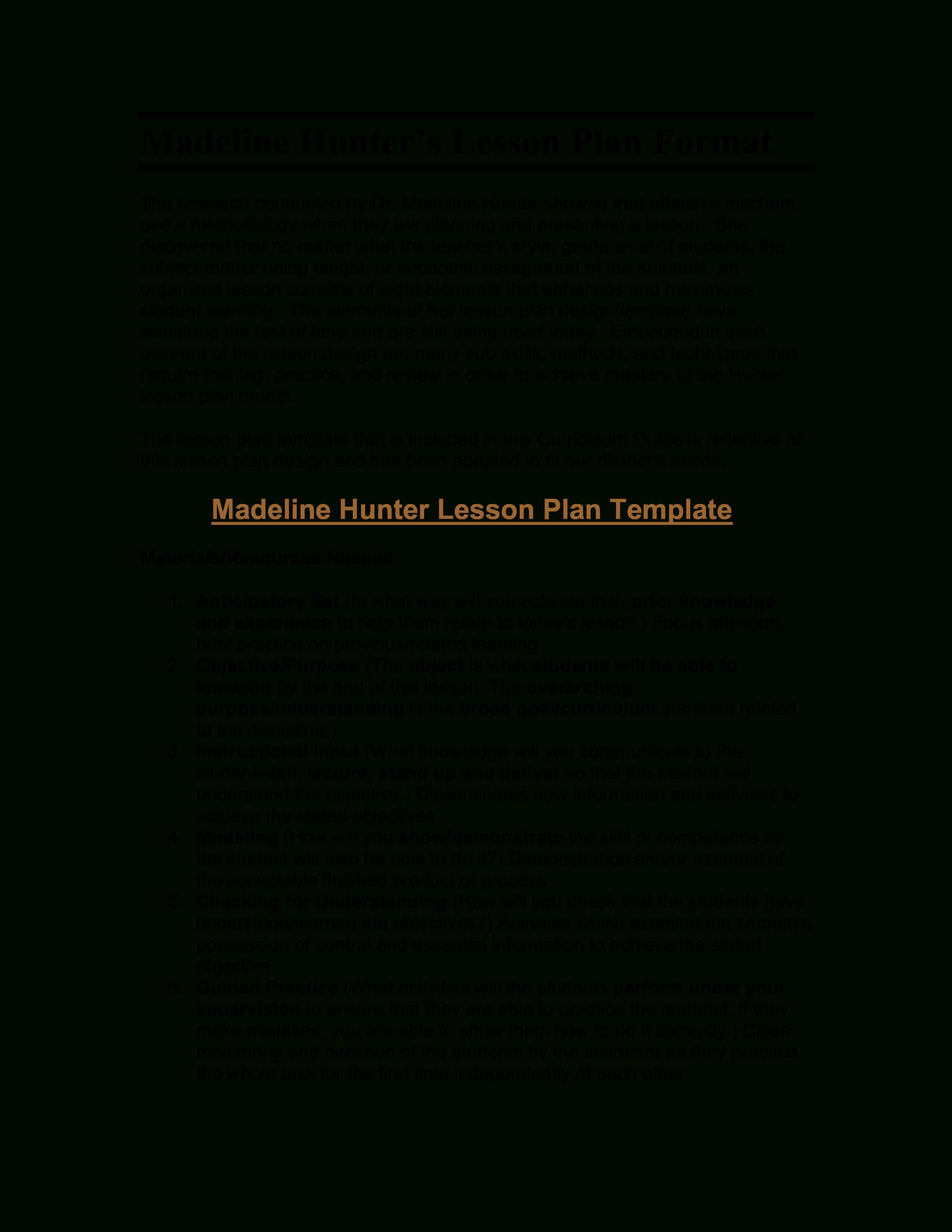 Microsoft Word – Madeline Hunter's Lesson Plan Format Intended For Madeline Hunter Lesson Plan Template Word