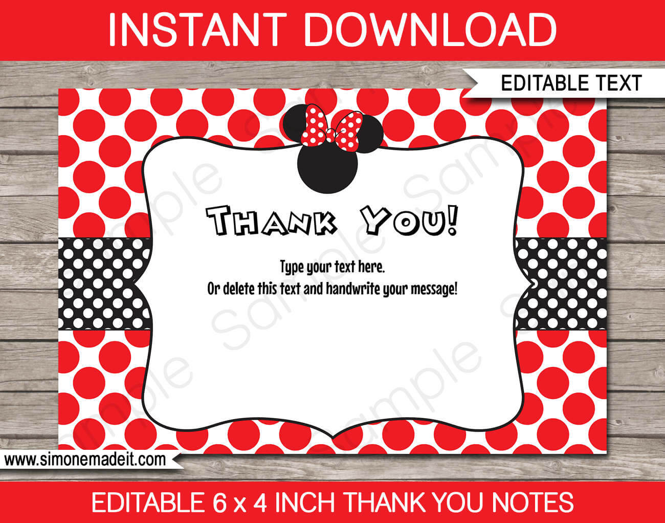 Minnie Mouse Thank You Cards – Printable Minnie Mouse Theme Thank You Cards  – Birthday Party – 4X6 Inches – Instant Download – Editable Text With Minnie Mouse Card Templates