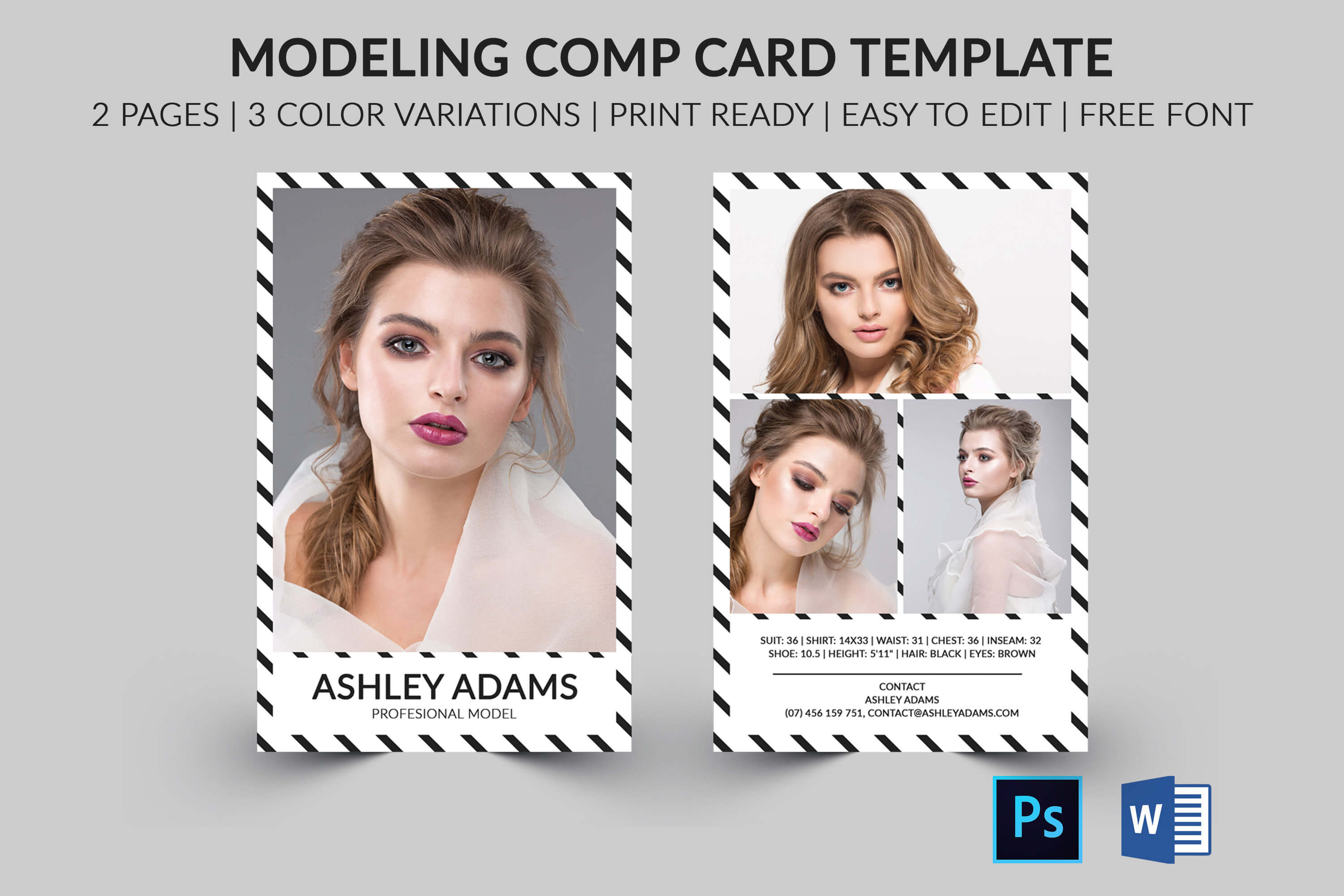 Modeling Comp Card | Model Agency Zed Card | Photoshop, Elements & Ms Word  Template |Modeling Card | Instant Download | Intended For Free Comp Card Template
