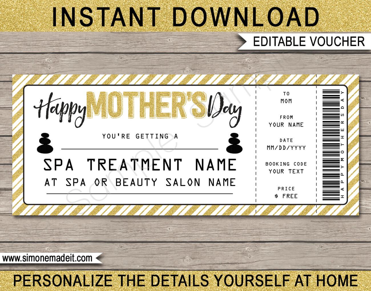 Mother's Day Spa Gift Voucher – Gold Glitter With Spa Day Gift Certificate Template