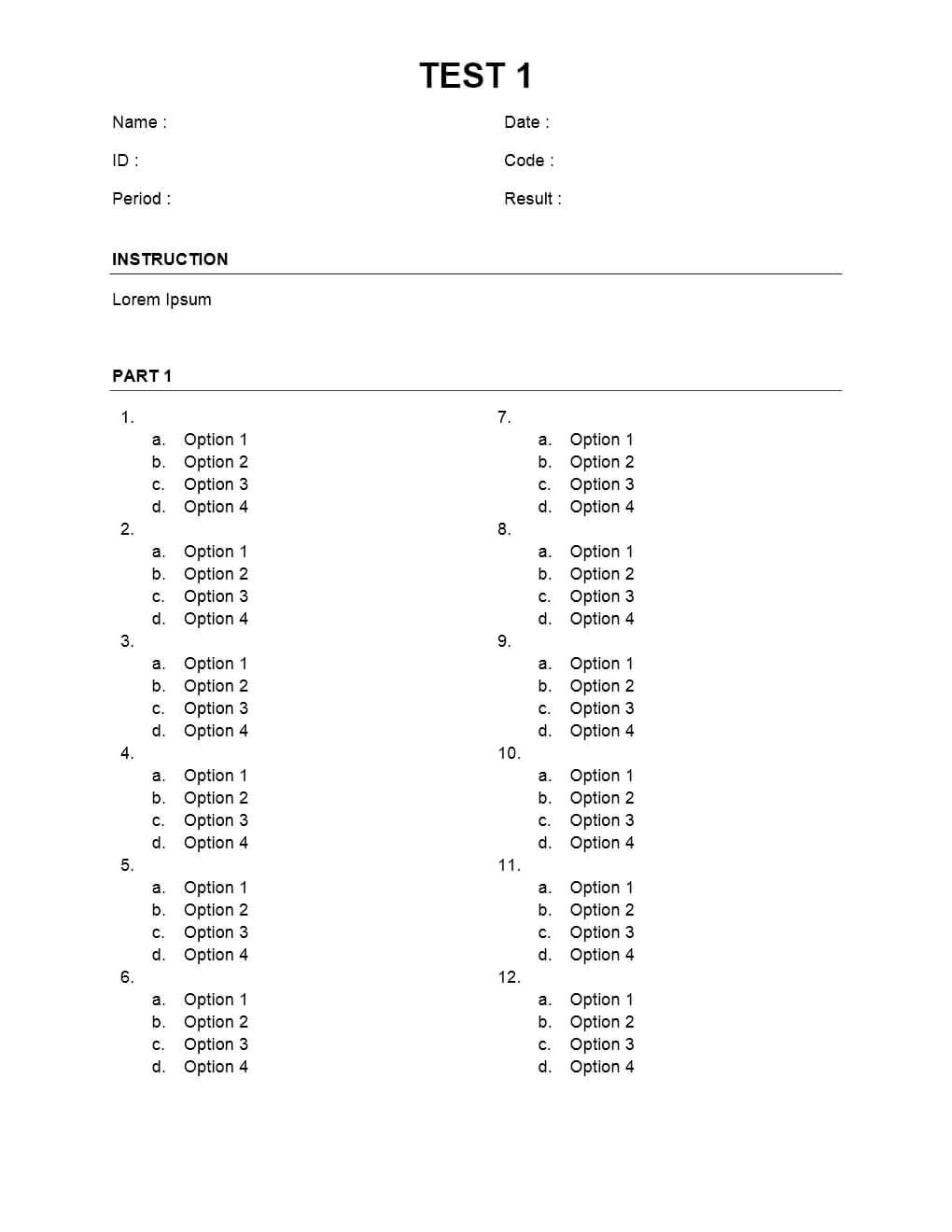 Multiple Choice Sheet Regarding Test Template For Word