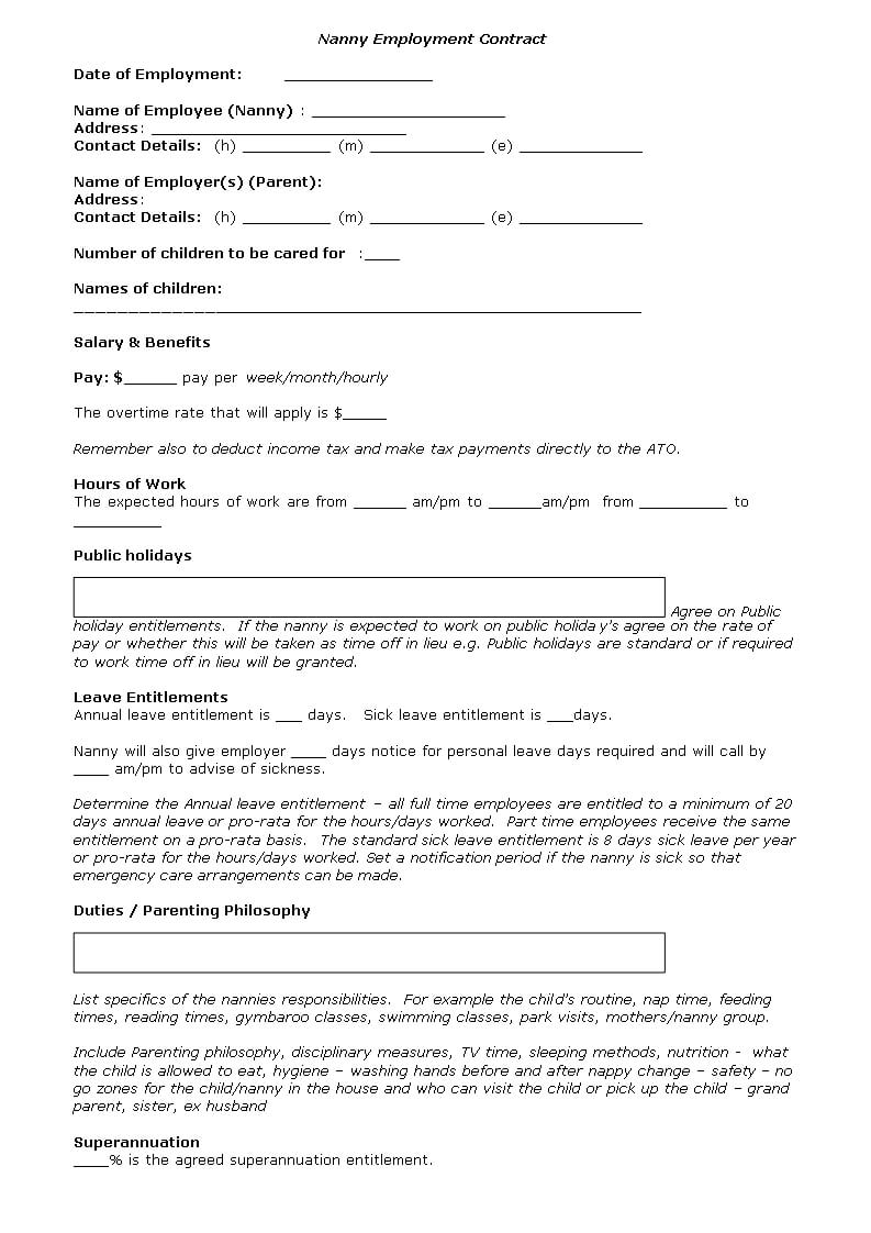 Nanny Contract Template – Nanny Agreement Template | Nanny In Nanny Contract Template Word