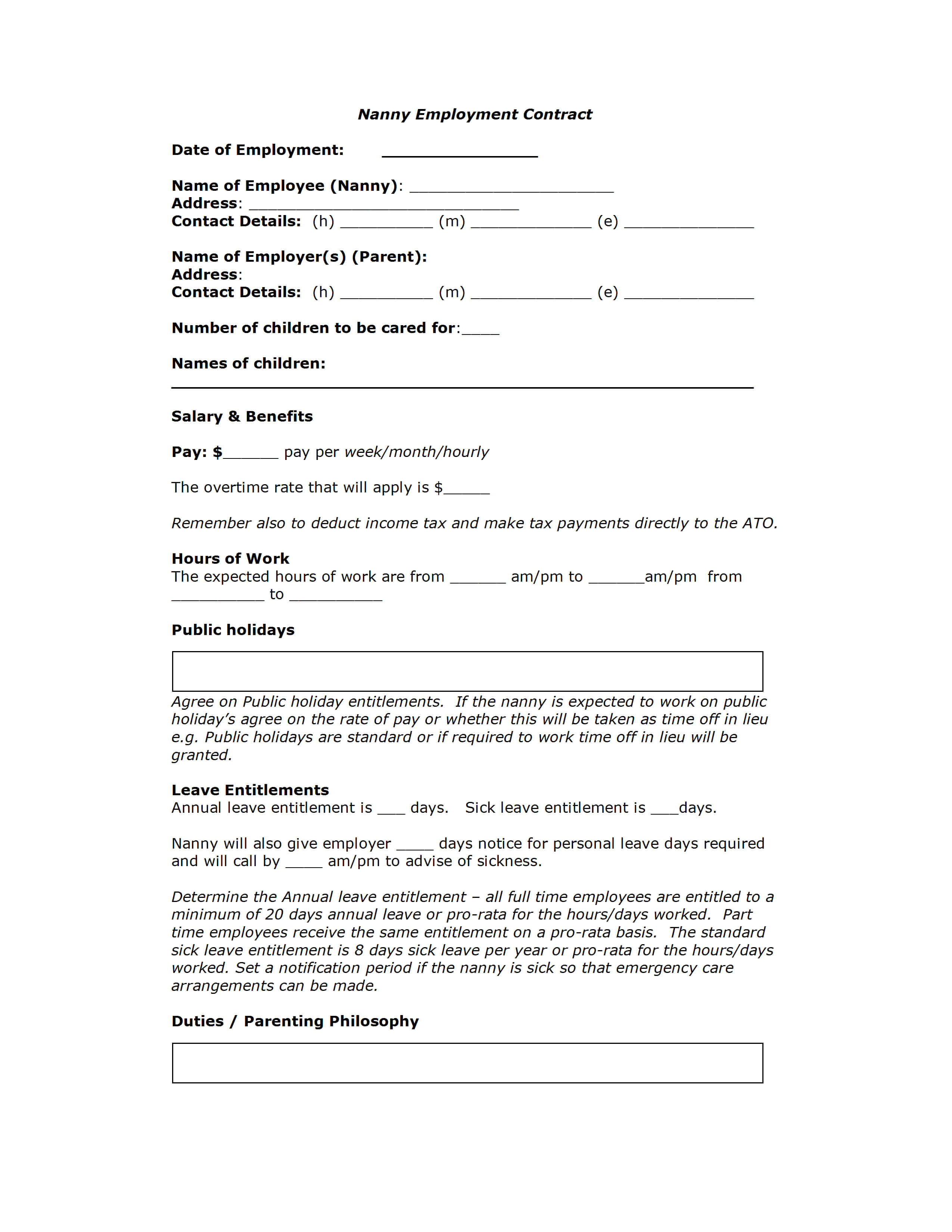 Nanny Contract Template with regard to Nanny Contract Template Word