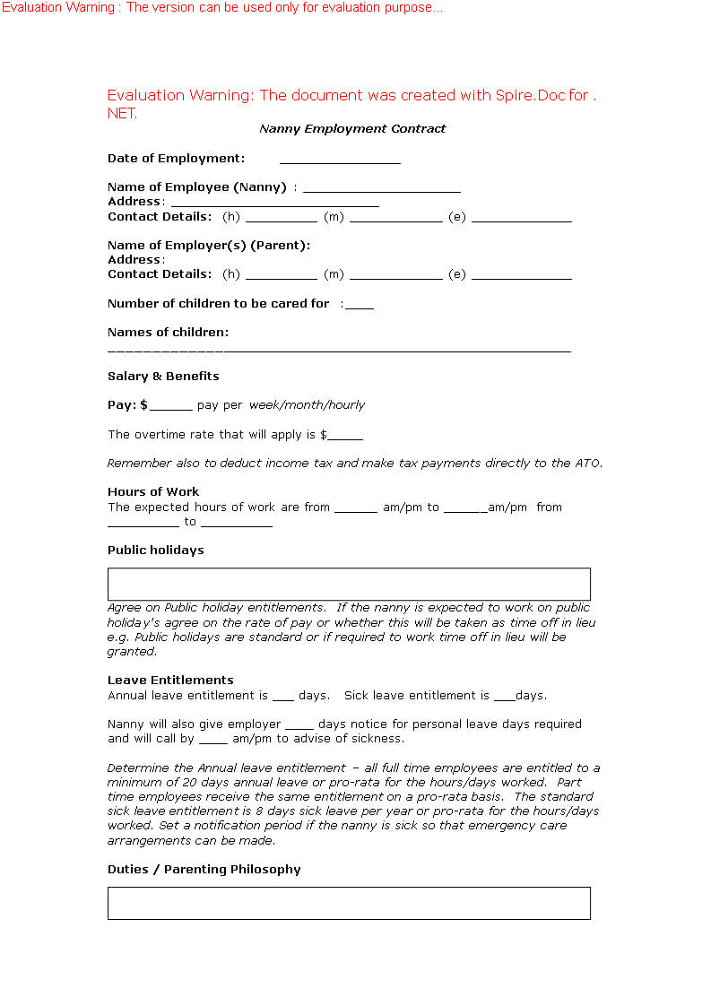 Nanny Employment Contract - | Nanny Contracts | Invoice With Regard To Nanny Contract Template Word
