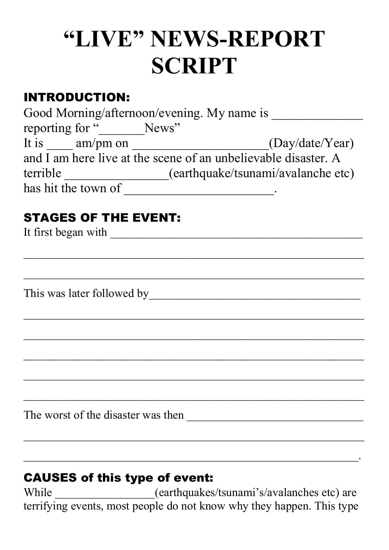 Natural Disaster – Live Newsreport Script Template Inside News Report Template