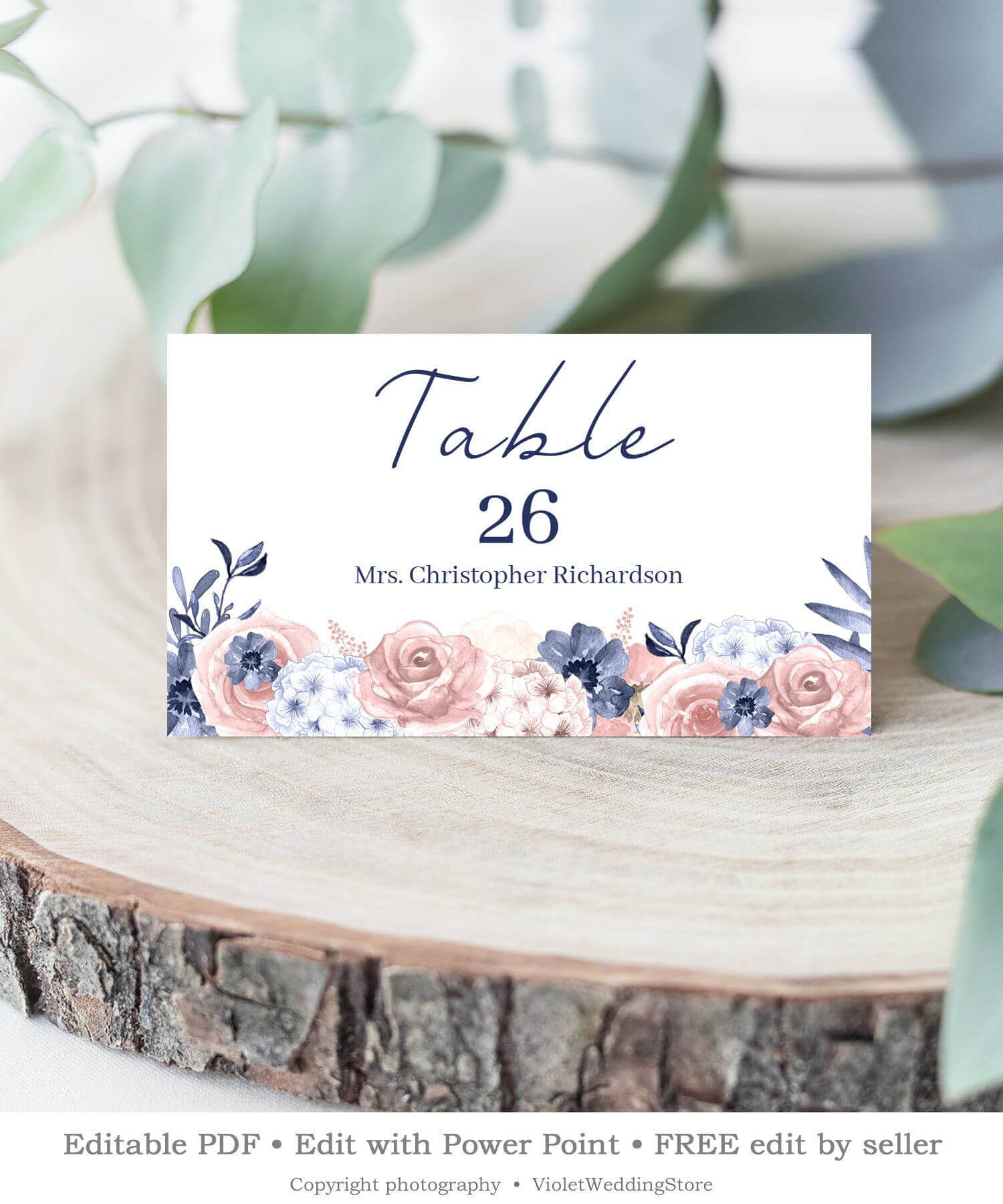 Navy Wedding Place Card, Blush Pink Floral Name Card Inside Free Place Card Templates Download