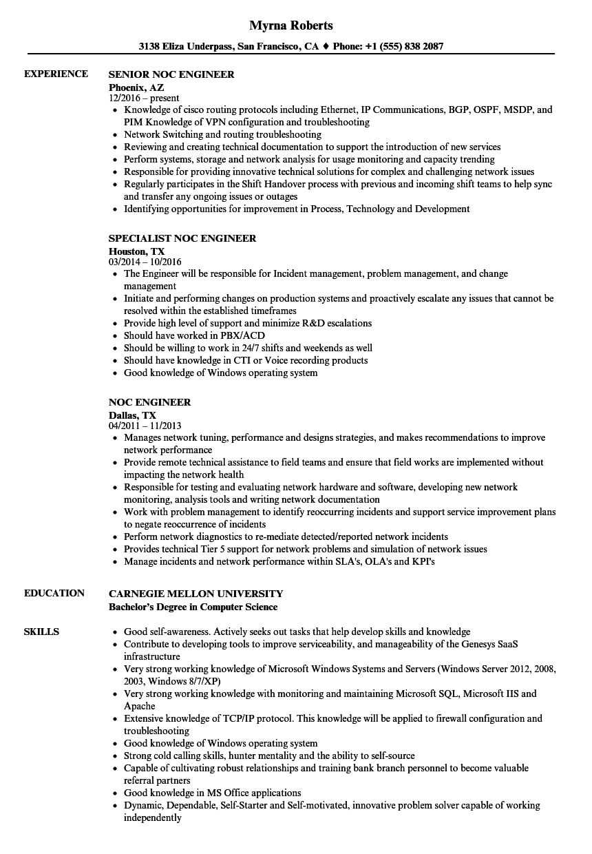 Noc Engineer Resume Samples | Velvet Jobs With Regard To Noc Report Template