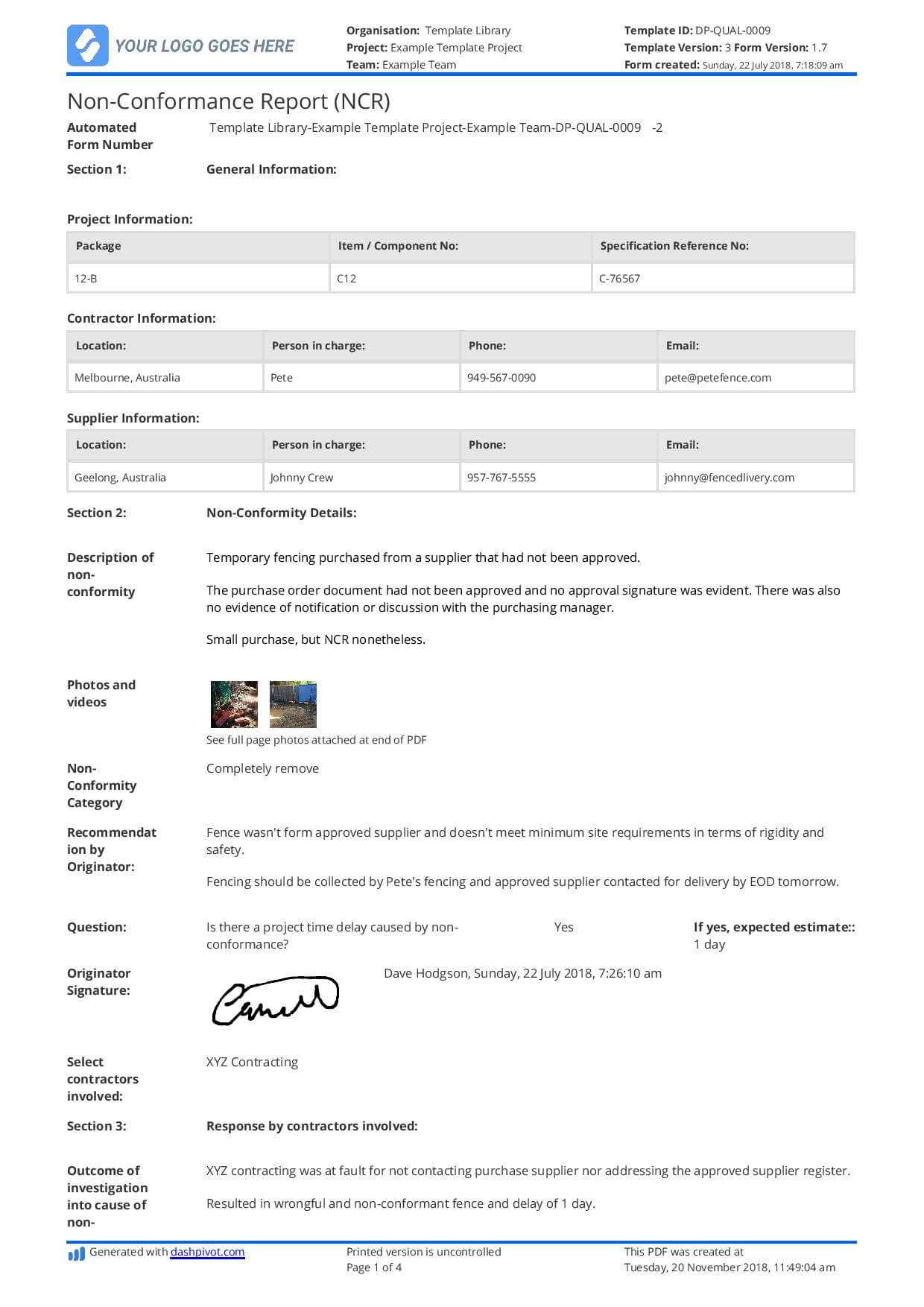 Non Conformance Report Example: Here's What Your Ncr Should Regarding Non Conformance Report Form Template