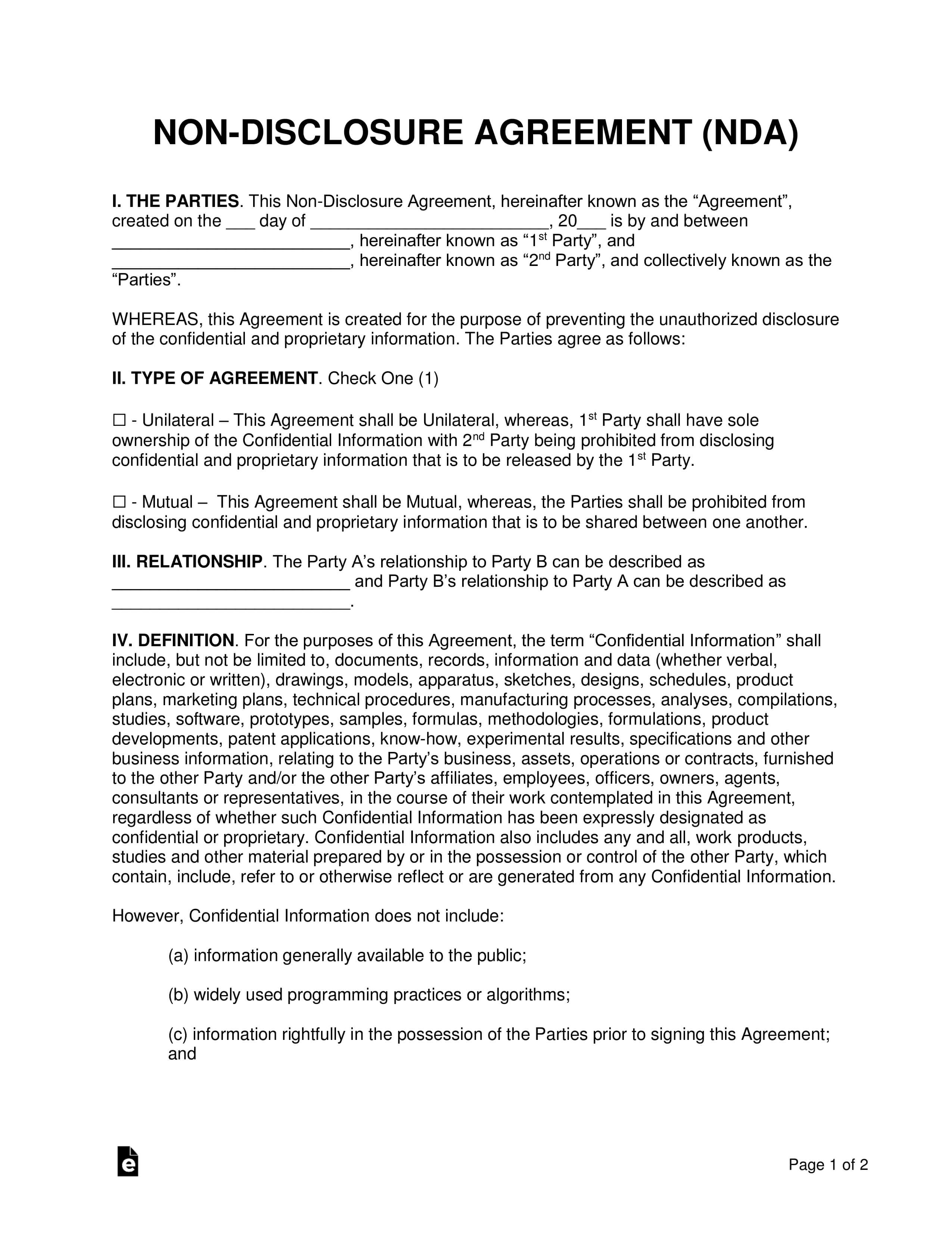 Non Disclosure (Nda) Agreement Templates | Eforms – Free Within Nda Template Word Document