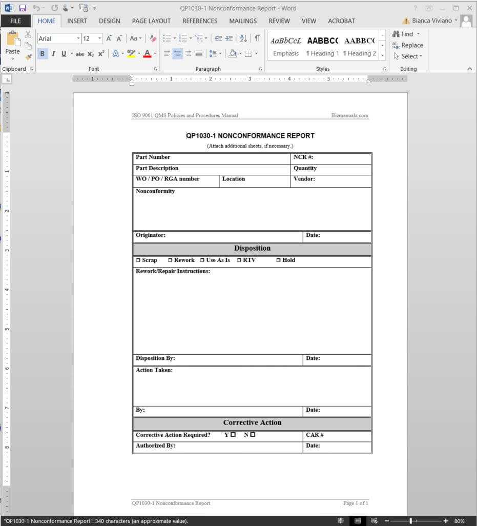 Nonconformance Report Iso Template | Qp1030 1 Inside Internal Audit Report Template Iso 9001