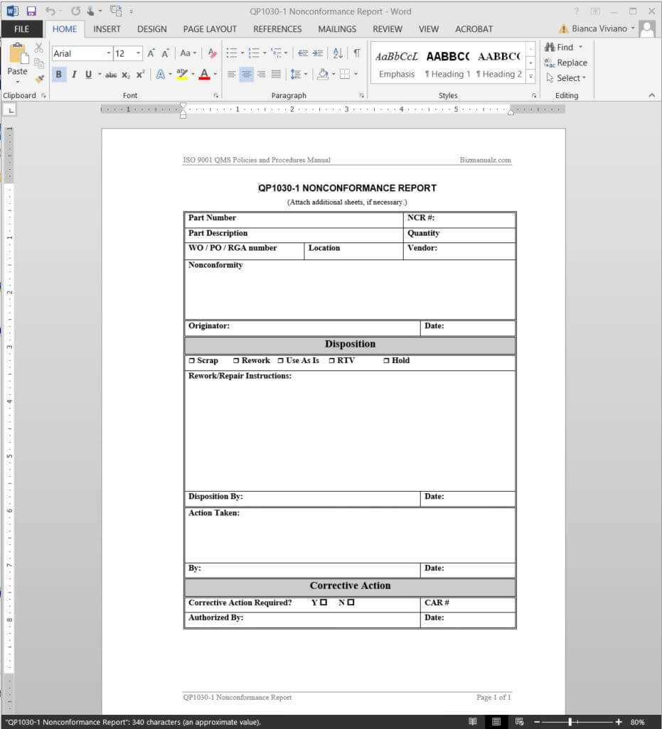 Nonconformance Report Iso Template | Qp1030-1 with regard to Quality Non Conformance Report Template