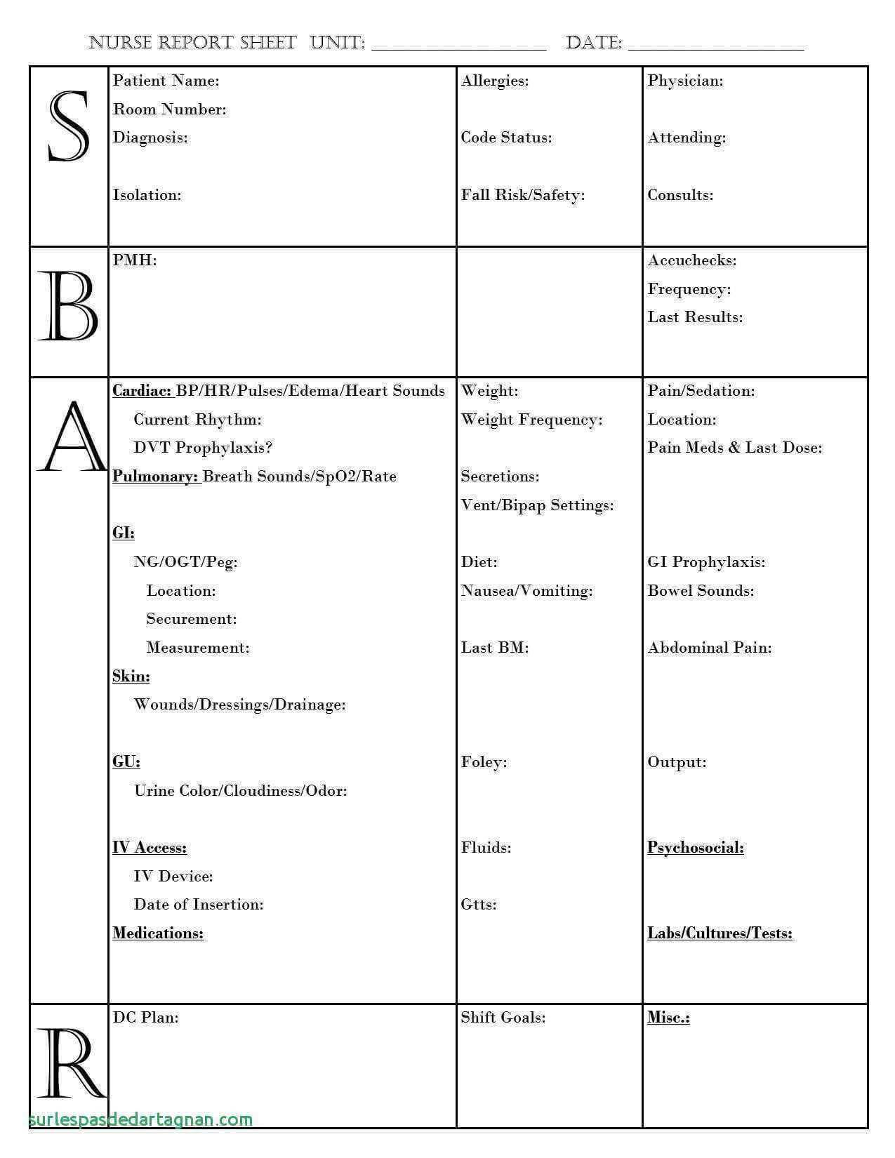 Nursing Report Sheet Template Together With Sbar Nurse Within Med Surg Report Sheet Templates