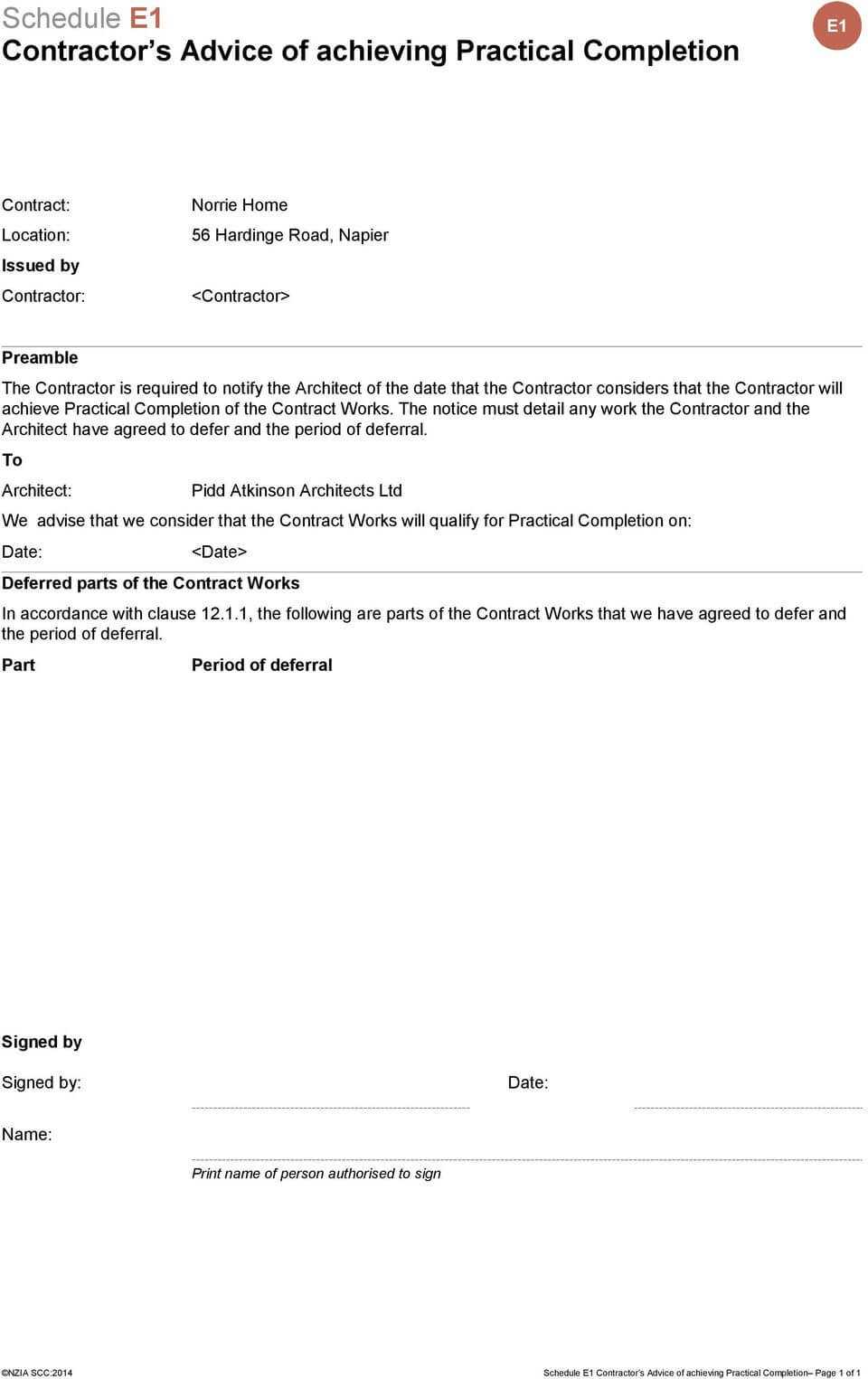 Nzia Standard Construction Contract – Pdf In Practical Completion Certificate Template Jct