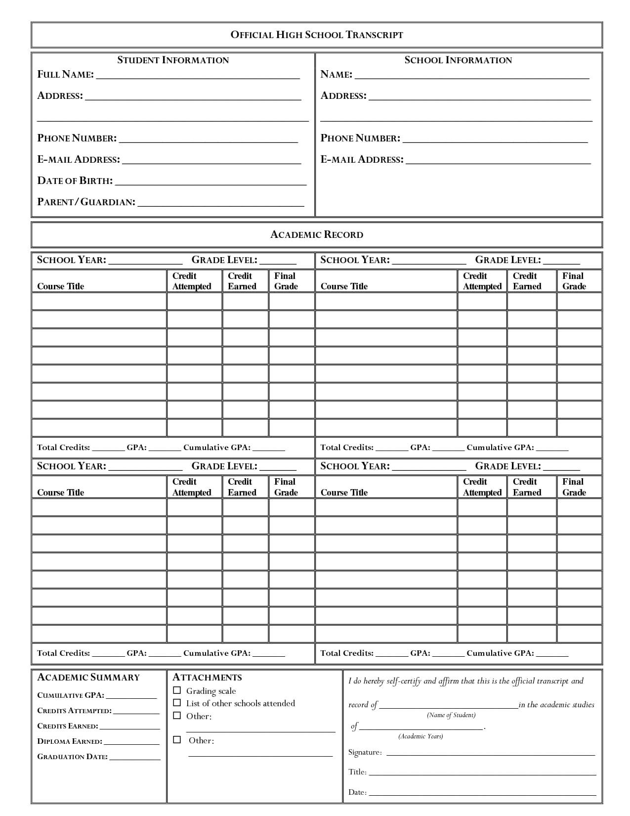 Official High School Transcript Student Information Full Inside Student Information Card Template