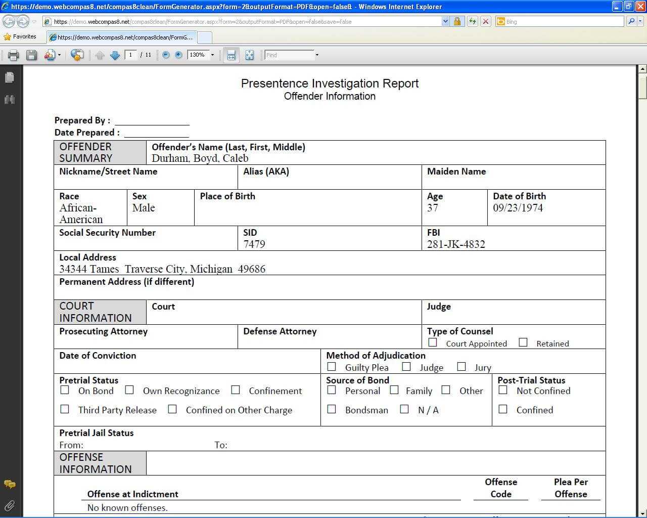 Ohio Nce Investigation Report Example Federal Sample Throughout Presentence Investigation Report Template