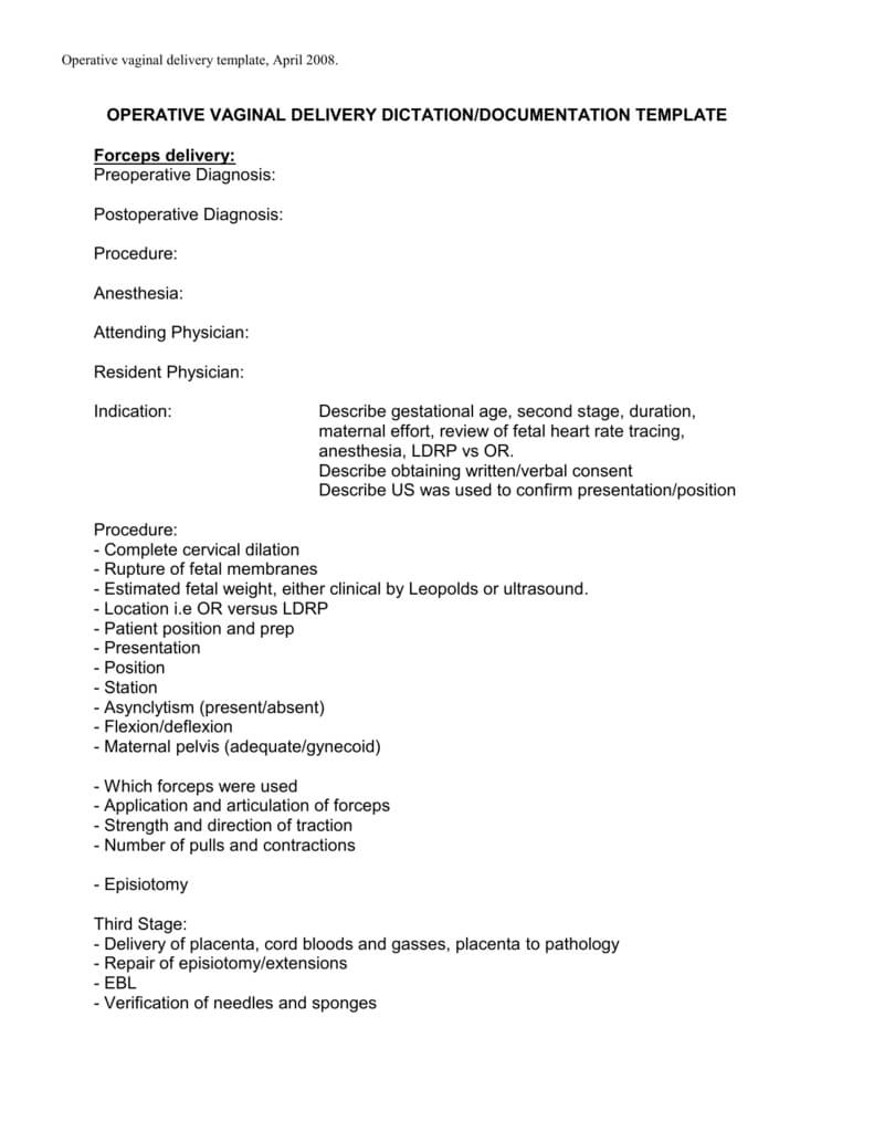 Operative Vaginal Delivery Template Regarding Operative Report Template