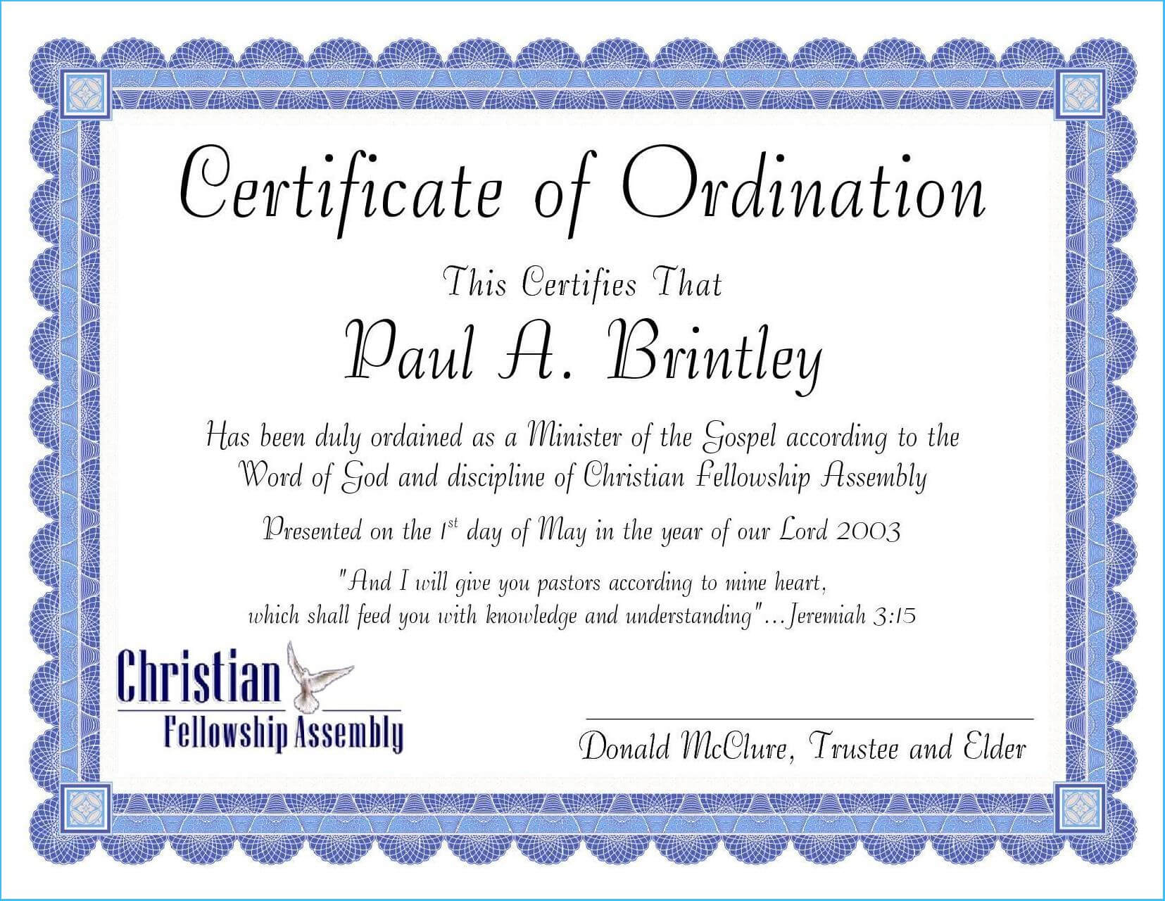 Ordination Certificate Template #7131 For Free Ordination Certificate Template