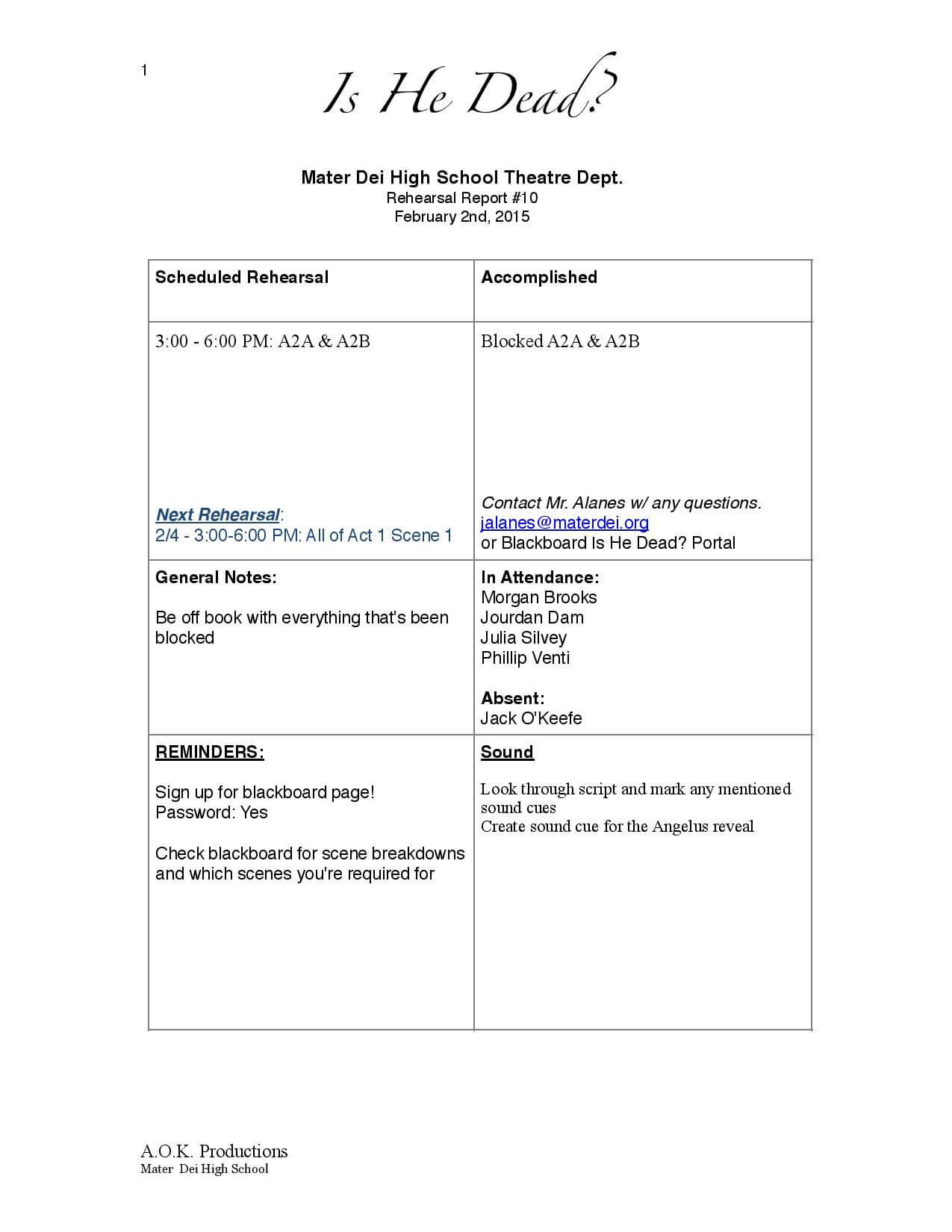 Page 1 Of Is He Dead? Rehearsal Report Example | Stage For Rehearsal Report Template