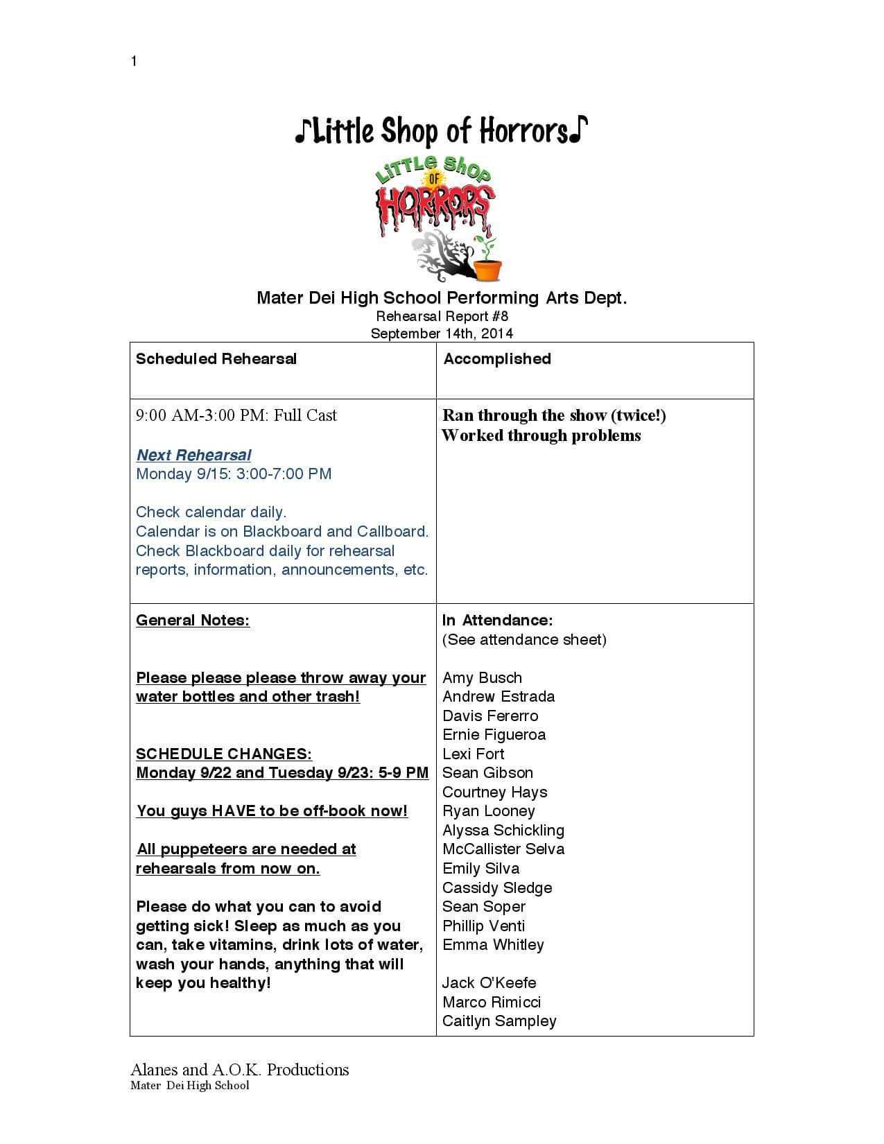 Page 1 Of Little Shop Of Horrors Rehearsal Report Example Regarding Rehearsal Report Template