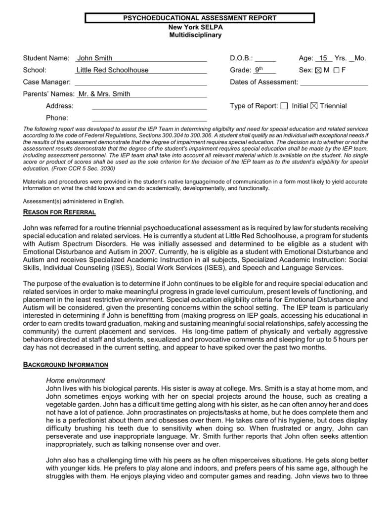 Page Of – Ventura County Selpa For Psychoeducational Report Template