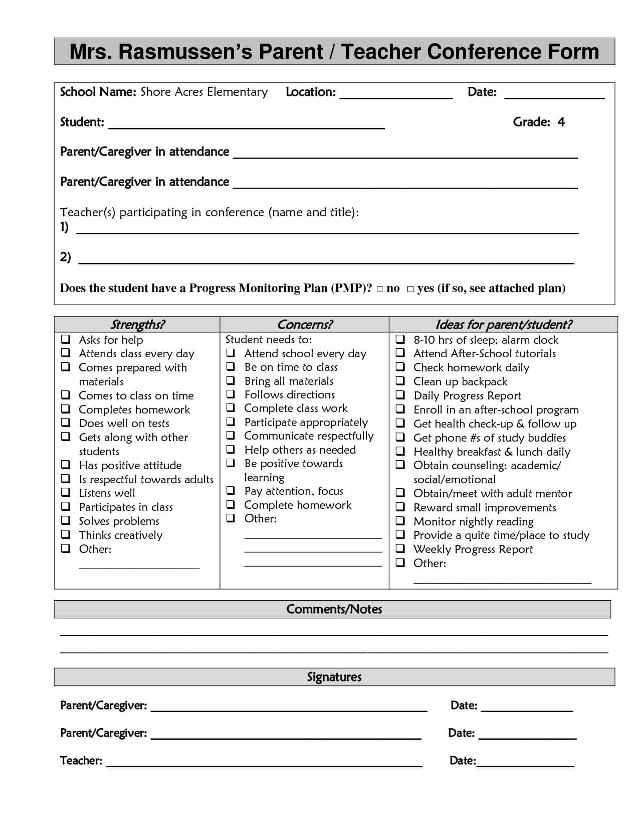 Parent Teacher Conference Form Template Mhrijgdo | Parent Intended For Conference Report Template