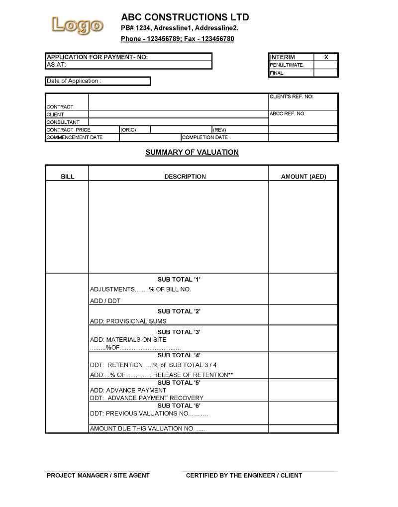 Payment Application Format For Construction Companies With Regard To Construction Payment Certificate Template