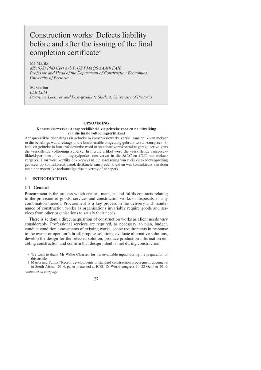 Pdf) Construction Works: Defects Liability Before And After With Regard To Practical Completion Certificate Template Jct