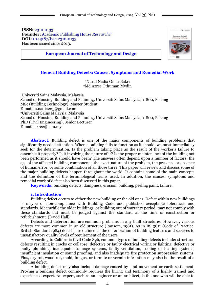 Pdf) General Building Defects: Causes, Symptoms And Remedial regarding Building Defect Report Template