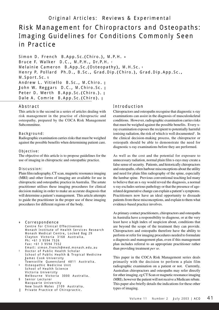 Pdf) Risk Management For Chiropractors And Osteopaths In Chiropractic X Ray Report Template